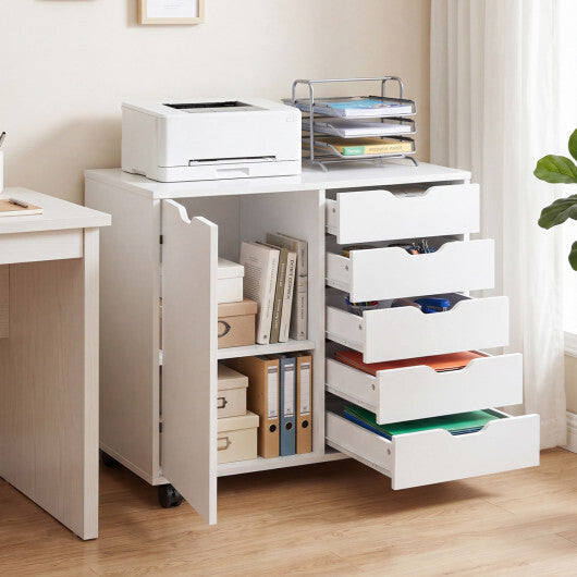5 Drawer Storage Cabinet on Wheels with Adjustable Shelf-White W2B