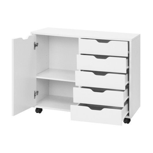 5 Drawer Storage Cabinet on Wheels with Adjustable Shelf-White W2B
