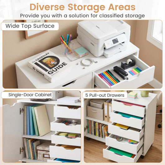 5 Drawer Storage Cabinet on Wheels with Adjustable Shelf-White W2B