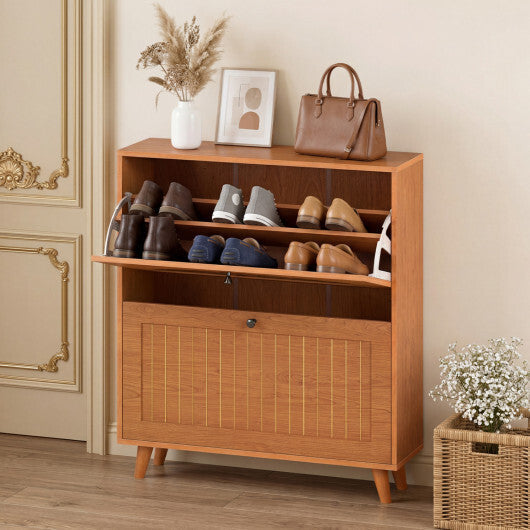 Narrow Shoe Cabinet with Adjustable and Removable Shelves for Entryway Foyer-Oak W2B
