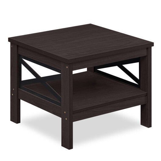 2-Tier Square Side Table with Storage Shelf and X-Frame for Bedroom Living Room-Brown W2B