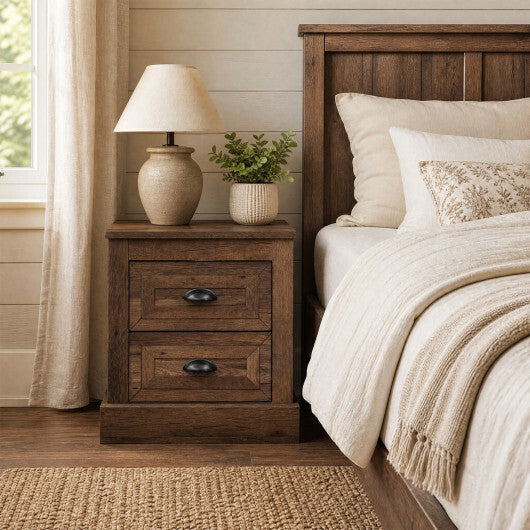 Farmhouse Nightstand with 2 Drawers & Storage for Living Room Bedroom-Brown W2B