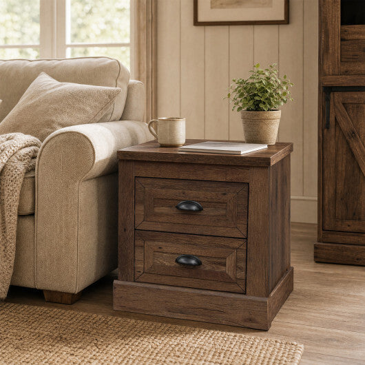 Farmhouse Nightstand with 2 Drawers & Storage for Living Room Bedroom-Brown W2B