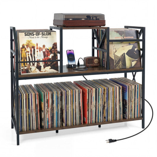 Record Player Stand with Power Outlets and Vinyl Storage and Dividers for Albums-Rustic Brown W2B
