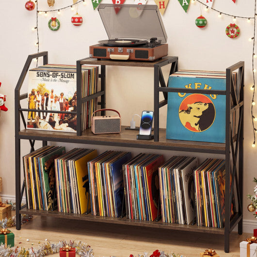 Record Player Stand with Power Outlets and Vinyl Storage and Dividers for Albums-Rustic Brown W2B