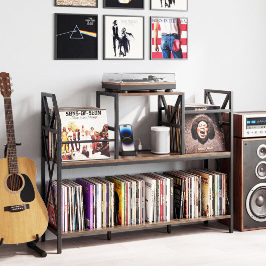 Record Player Stand with Power Outlets and Vinyl Storage and Dividers for Albums-Rustic Brown W2B