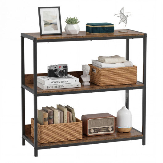 3-Tier Industrial Bookshelf with Wooden Shelves and Metal Frame-Rustic Brown W2B