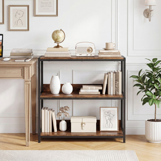3-Tier Industrial Bookshelf with Wooden Shelves and Metal Frame-Rustic Brown W2B