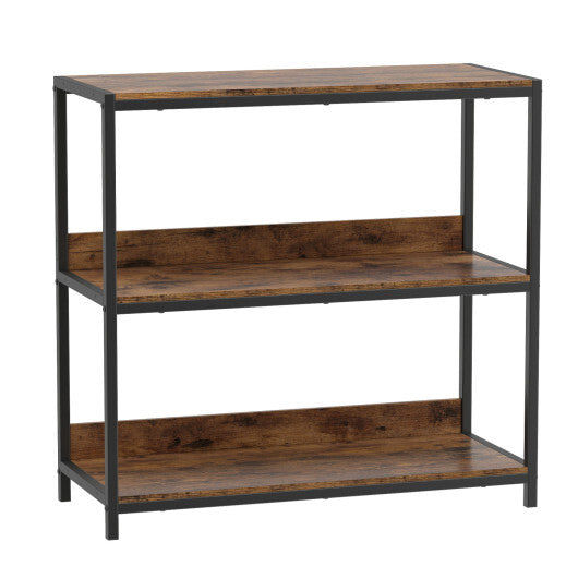 3-Tier Industrial Bookshelf with Wooden Shelves and Metal Frame-Rustic Brown W2B