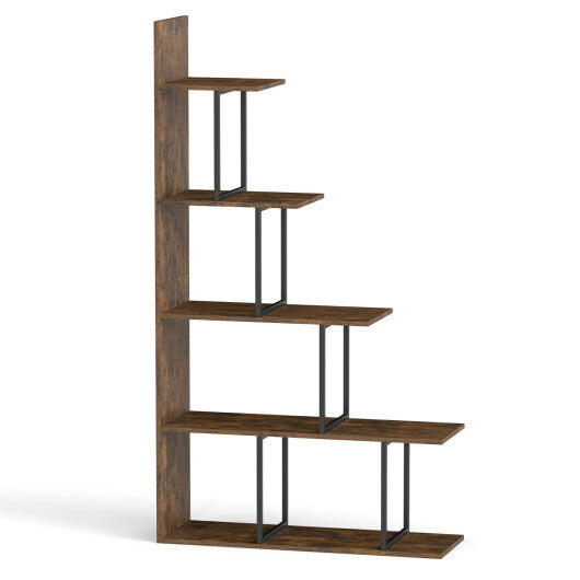 5-Tier 62 Inch Tall Stepped Bookshelf with Heavy Duty Metal Frame-Rustic Brown W2B
