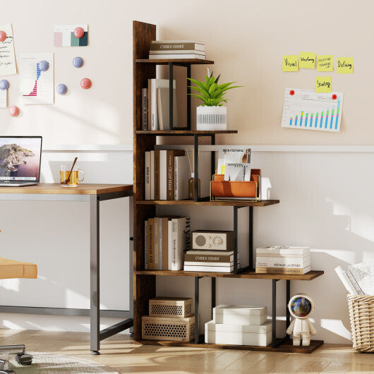 5-Tier 62 Inch Tall Stepped Bookshelf with Heavy Duty Metal Frame-Rustic Brown W2B