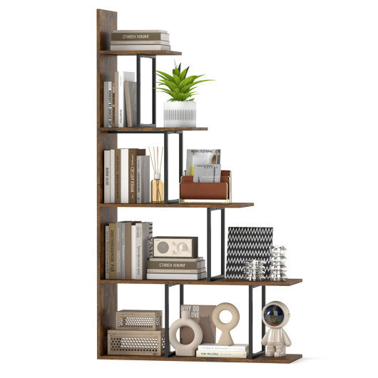 5-Tier 62 Inch Tall Stepped Bookshelf with Heavy Duty Metal Frame-Rustic Brown W2B