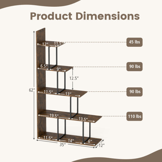 5-Tier 62 Inch Tall Stepped Bookshelf with Heavy Duty Metal Frame-Rustic Brown W2B