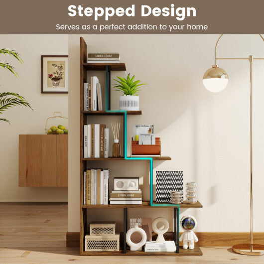 5-Tier 62 Inch Tall Stepped Bookshelf with Heavy Duty Metal Frame-Rustic Brown W2B