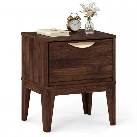 Mid Century Modern Bedside Table with Drawer and Tapered Support Feet for Bedroom-Walnut W2B