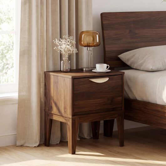 Mid Century Modern Bedside Table with Drawer and Tapered Support Feet for Bedroom-Walnut W2B