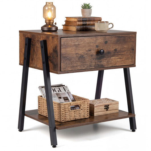 Industrial Nightstand with Drawer and Adjustable Foot Pads for Bedroom-Rustic Brown W2B