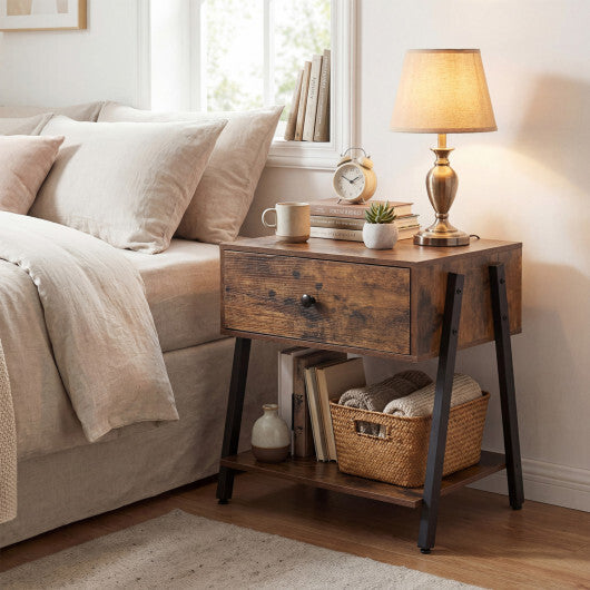 Industrial Nightstand with Drawer and Adjustable Foot Pads for Bedroom-Rustic Brown W2B