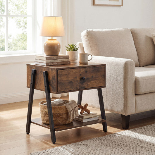 Industrial Nightstand with Drawer and Adjustable Foot Pads for Bedroom-Rustic Brown W2B