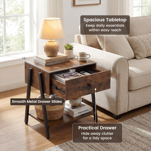 Industrial Nightstand with Drawer and Adjustable Foot Pads for Bedroom-Rustic Brown W2B