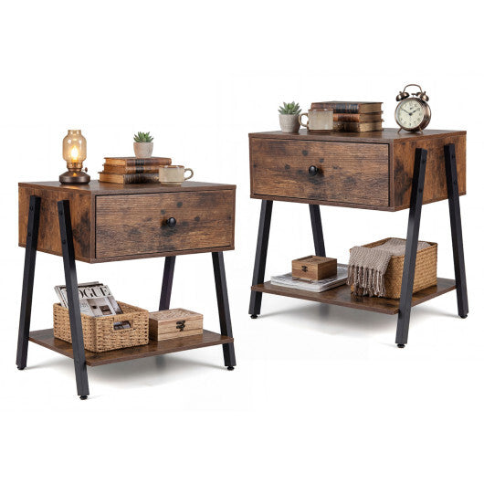 Set of 2 Industrial Nightstand with Adjustable Foot Pads for Bedroom-Rustic Brown W2B