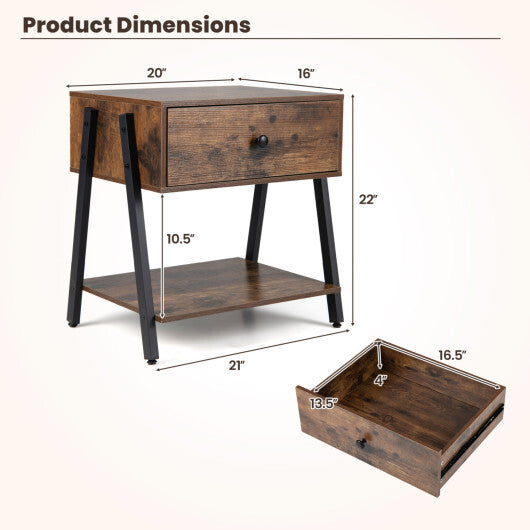 Set of 2 Industrial Nightstand with Adjustable Foot Pads for Bedroom-Rustic Brown W2B