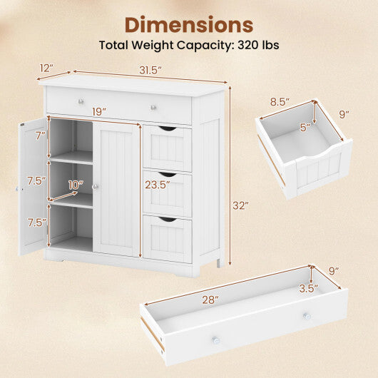 Bathroom Floor Cabinet with 4 Drawers with 2 Doors and Adjustable Shelf-White W2B