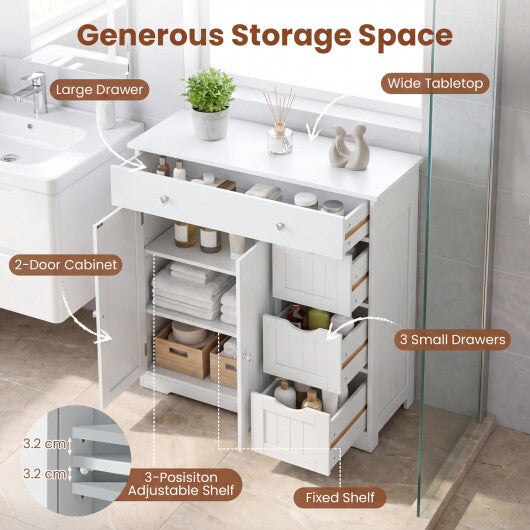 Bathroom Floor Cabinet with 4 Drawers with 2 Doors and Adjustable Shelf-White W2B