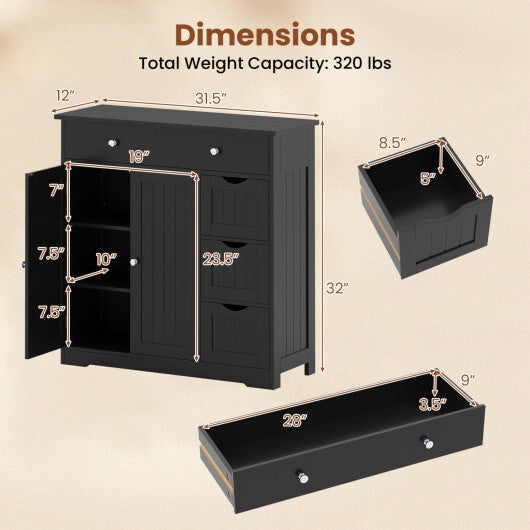 Bathroom Floor Cabinet with 4 Drawers with 2 Doors and Adjustable Shelf-White W2B