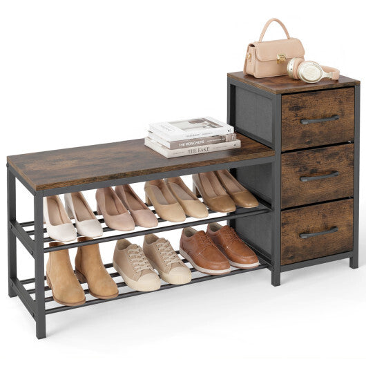 3-Tier Industrial Shoe Bench with 3 Removable Fabric Drawers and Anti-toppling Kits-Rustic Brown W2B