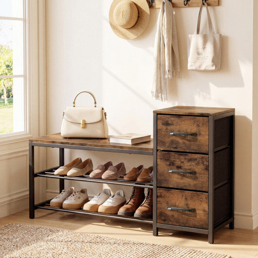 3-Tier Industrial Shoe Bench with 3 Removable Fabric Drawers and Anti-toppling Kits-Rustic Brown W2B