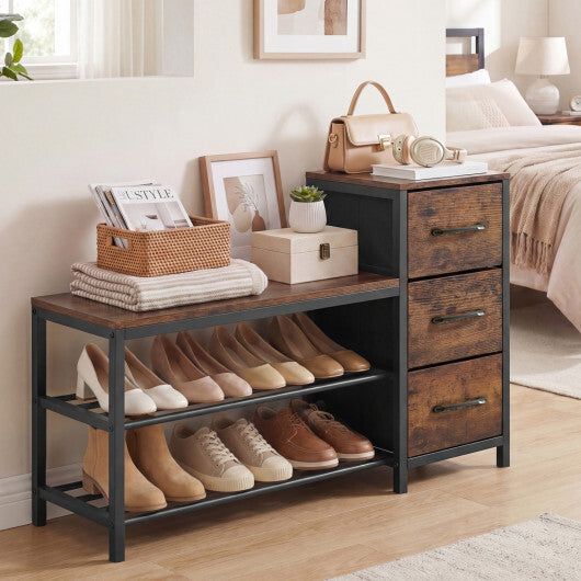 3-Tier Industrial Shoe Bench with 3 Removable Fabric Drawers and Anti-toppling Kits-Rustic Brown W2B