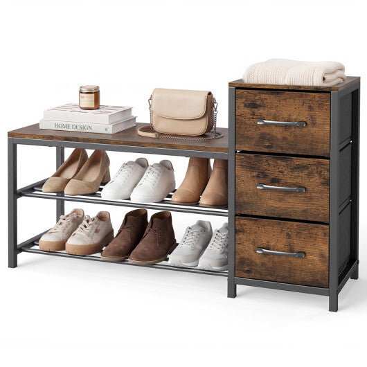 3-Tier Industrial Shoe Bench with 3 Removable Fabric Drawers and Anti-toppling Kits-Rustic Brown W2B