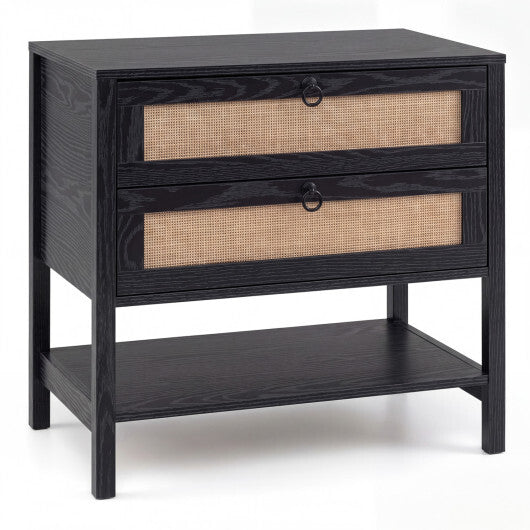 Boho Rattan Nightstand with 2 Drawers and Bottom Open Shelf-Black W2B