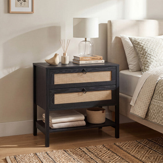 Boho Rattan Nightstand with 2 Drawers and Bottom Open Shelf-Black W2B