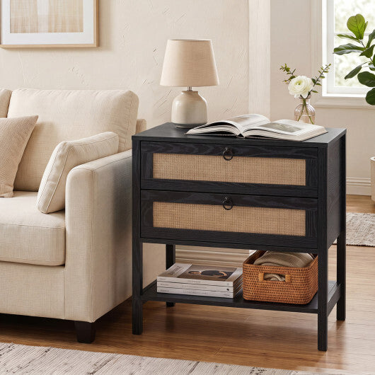 Boho Rattan Nightstand with 2 Drawers and Bottom Open Shelf-Black W2B