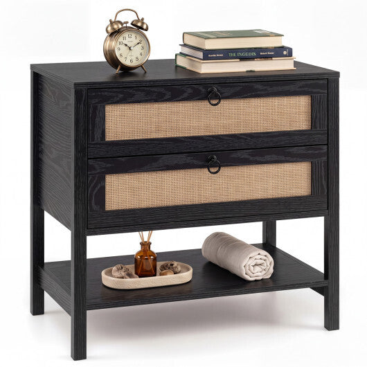 Boho Rattan Nightstand with 2 Drawers and Bottom Open Shelf-Black W2B