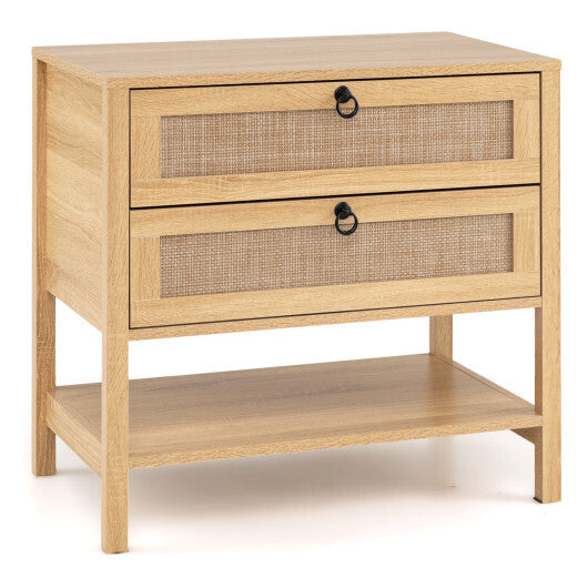 Boho Rattan Nightstand with 2 Drawers and Bottom Open Shelf-Black W2B