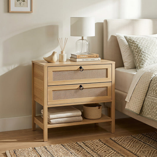 Boho Rattan Nightstand with 2 Drawers and Bottom Open Shelf-Black W2B