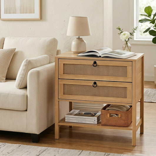 Boho Rattan Nightstand with 2 Drawers and Bottom Open Shelf-Black W2B