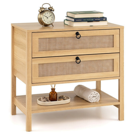 Boho Rattan Nightstand with 2 Drawers and Bottom Open Shelf-Black W2B