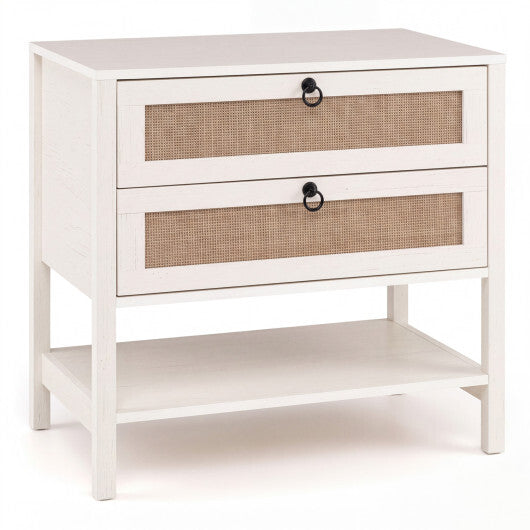 Boho Rattan Nightstand with 2 Drawers and Bottom Open Shelf-Black W2B