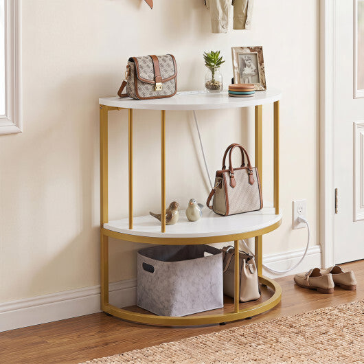 2-Tier Half Moon Console Table with Power Outlets and Storage Shel for Hallway-White W2B