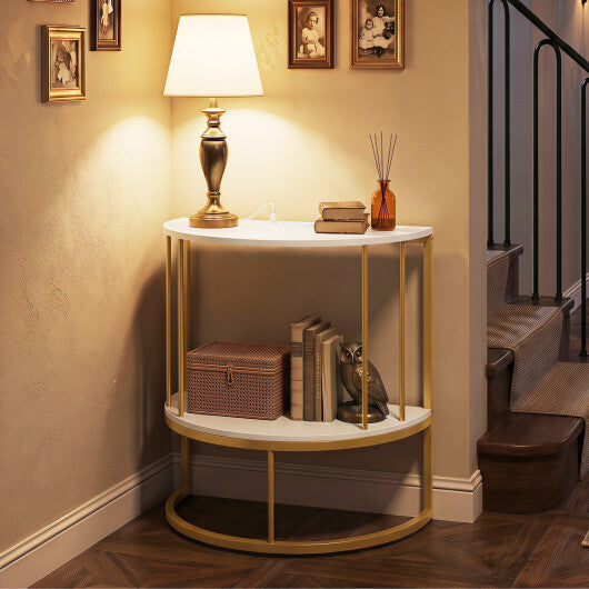 2-Tier Half Moon Console Table with Power Outlets and Storage Shel for Hallway-White W2B