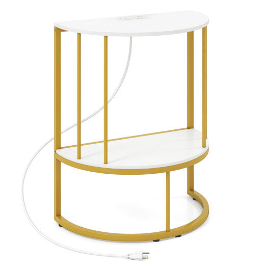 2-Tier Half Moon Console Table with Power Outlets and Storage Shel for Hallway-White W2B