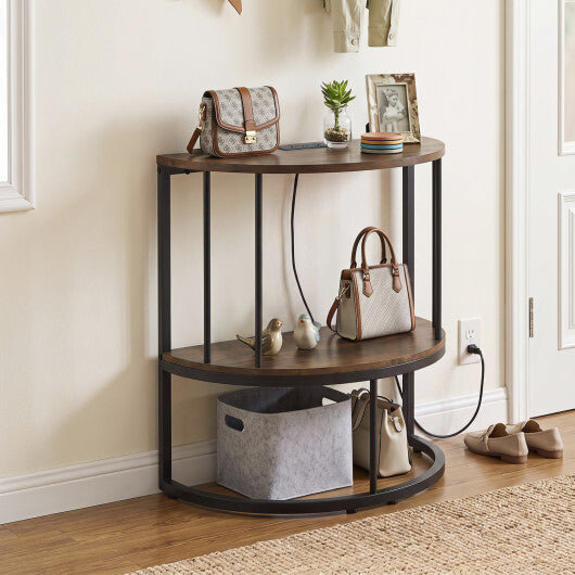 2-Tier Half Moon Console Table with Power Outlets and Storage Shel for Hallway-White W2B