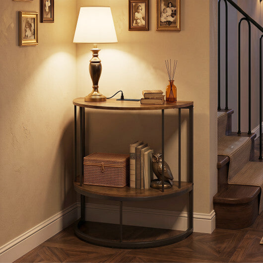 2-Tier Half Moon Console Table with Power Outlets and Storage Shel for Hallway-White W2B