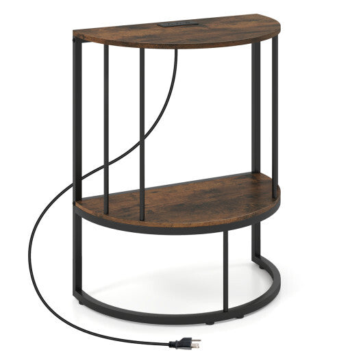 2-Tier Half Moon Console Table with Power Outlets and Storage Shel for Hallway-White W2B