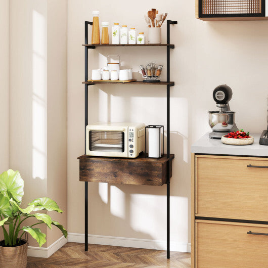 4-Tier Ladder Bookshelf with Drawer and Metal Frame for Living Room-Rustic Brown W2B