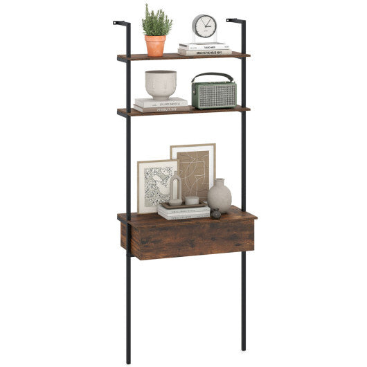 4-Tier Ladder Bookshelf with Drawer and Metal Frame for Living Room-Rustic Brown W2B